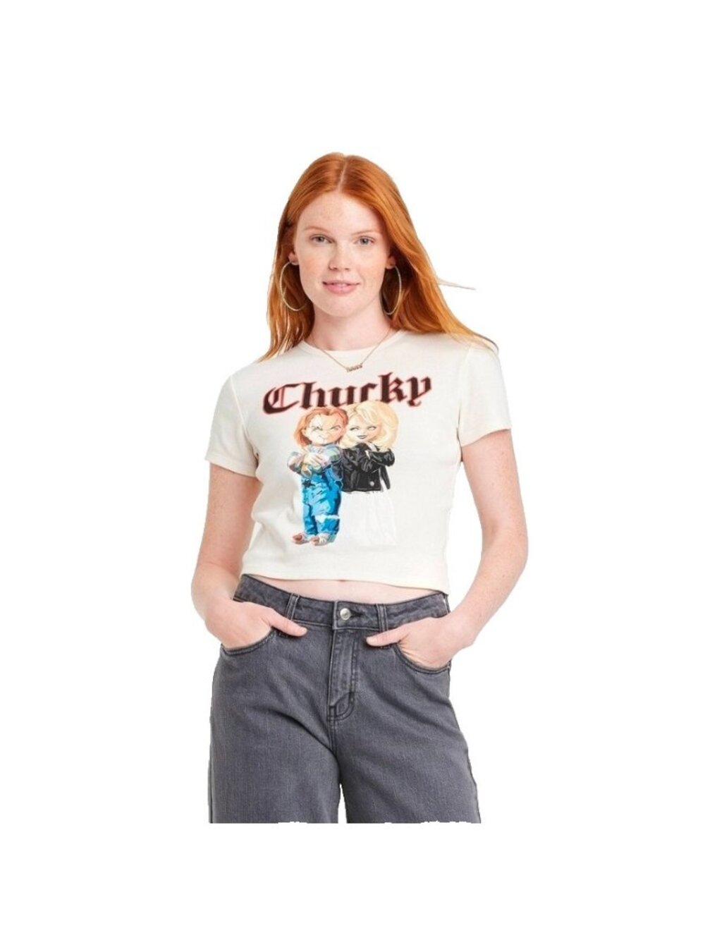 Chucky & Tiffany Women's XL T-Shirt Cream Color Cropped Short Sleeve Cotton Tee